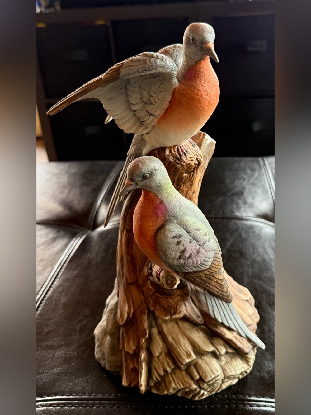 Decanter passenger pigeons Ceramic Figurine Pair in Orange and Green
